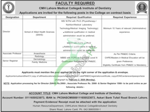 CMH Lahore Medical College & Institute of Dentistry Jobs 2026 – Apply Online | Latest Advertisement