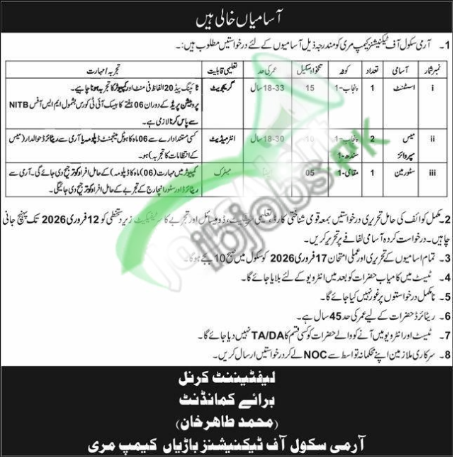Army School of Technicians Barian Camp Murree Jobs 2026 – Latest Government Vacancies