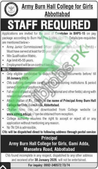 Army Burn Hall College For Girls Abbottabad Careers 2026 Latest