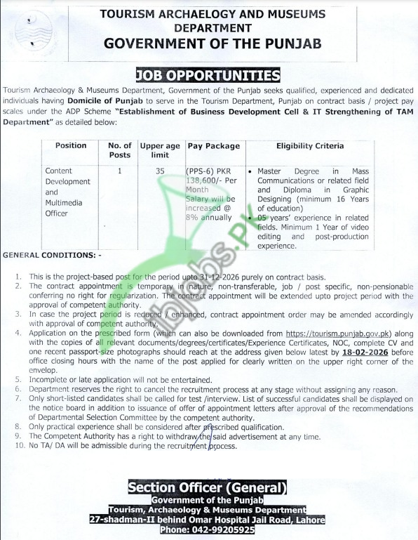 Punjab Tourism & Archaeology Jobs 2026 Latest Vacancies – Apply Online in Pakistan